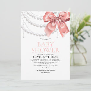 Elegant Blush Pink Bow and Pearls Baby Shower Invitation