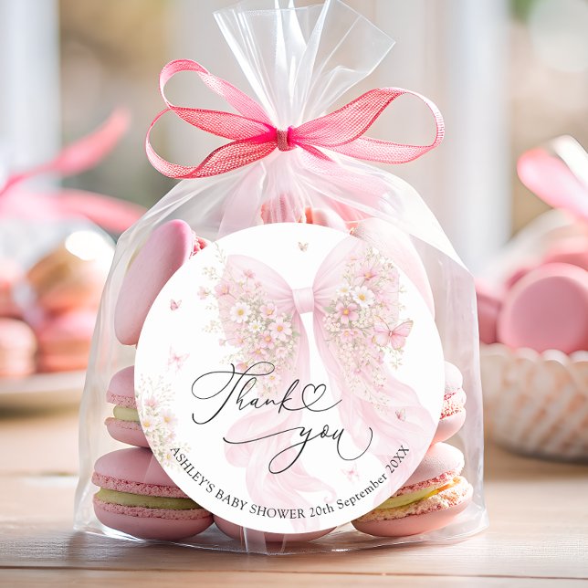 Elegant Blush Pink Bow Baby Shower Thank You  Classic Round Sticker (Creator Uploaded)