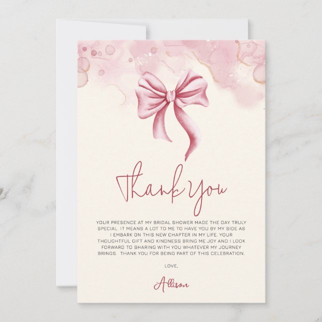 Elegant Blush Pink Bow Bridal Shower Thank You Card (Front)