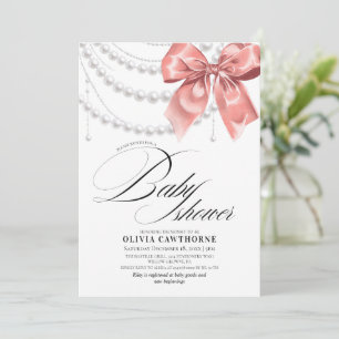 Elegant Blush Pink Bow Pearls Baby Shower Invitation