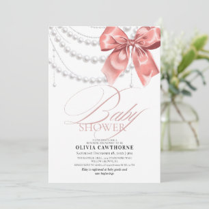 Elegant Blush Pink Bow Pearls Baby Shower Invitation