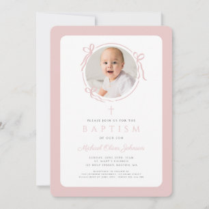Elegant Blush Pink Bow Photo Girl Baptism Invitation