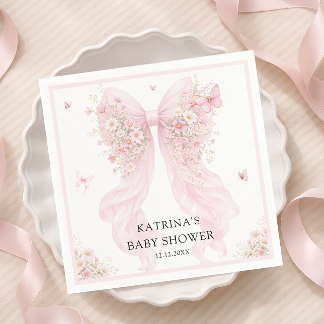 Elegant Blush Pink Bow Wildflower Baby Shower Napkin (Creator Uploaded)