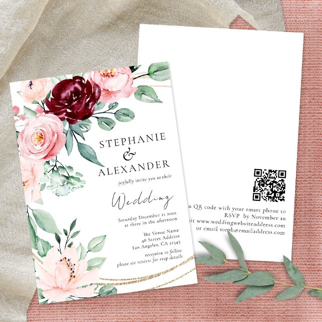 Elegant Blush Pink Burgundy Flowers Wedding Invitation (Creator Uploaded)