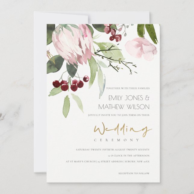 ELEGANT BLUSH PINK BURGUNDY PROTEA FLORAL WEDDING INVITATION (Front)