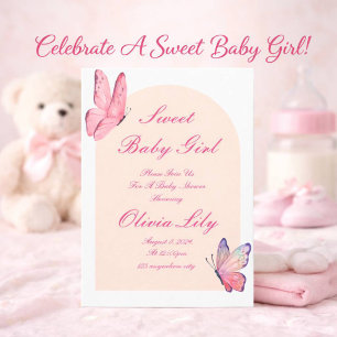 ELEGANT BLUSH PINK BUTTERFLIES BABY GIRL SHOWER INVITATION