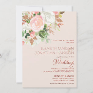 Elegant Blush Pink Champagne White Floral Wedding Invitation