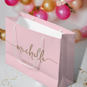Elegant Blush Pink Chic Gold Monogram Script Large Gift Bag