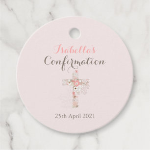 Elegant blush pink confirmation floral cross name favour tags