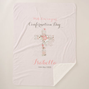 Elegant blush pink confirmation floral cross name  sherpa blanket