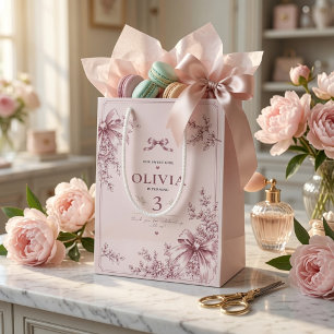 Elegant Blush Pink Coquette Bow Floral Birthday Medium Gift Bag