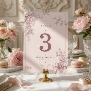 Elegant Blush Pink Coquette Bow Floral Birthday Table Number
