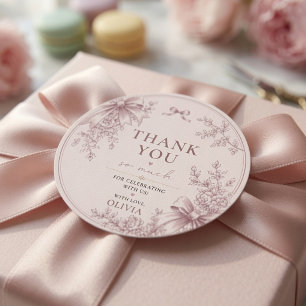 Elegant Blush Pink Coquette Bow Floral Thank You  Classic Round Sticker