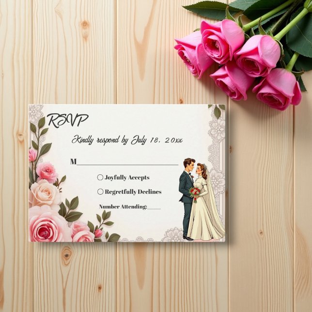 Elegant Blush Pink Couple Summer Floral Wedding RSVP Card (Creator Uploaded)