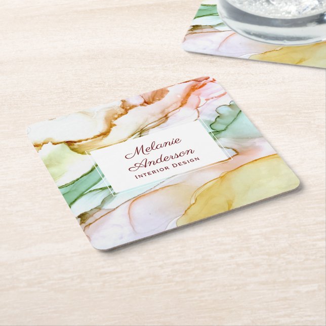 Elegant Blush Pink Cream Green Pastel Custom Square Paper Coaster (Angled)