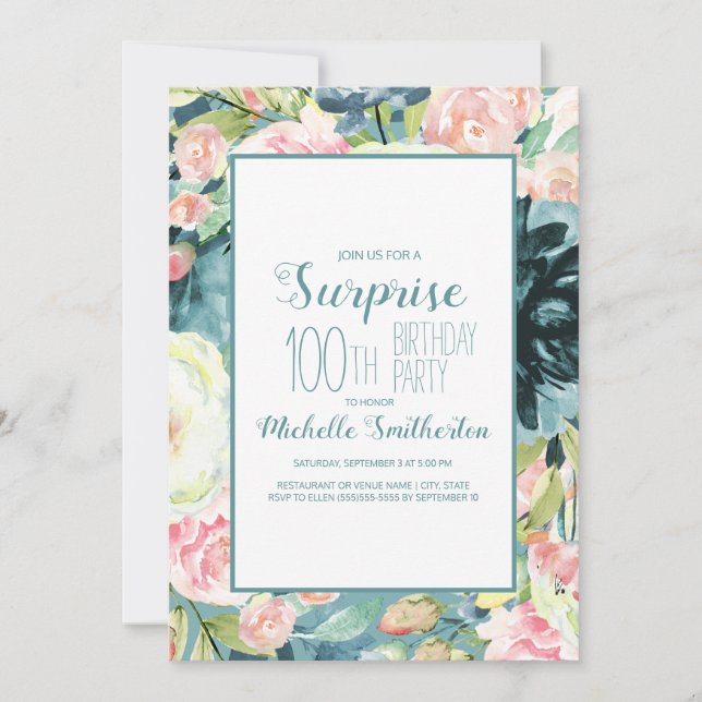 Elegant Blush Pink Cream Teal 100th Birthday  Invitation (Front)