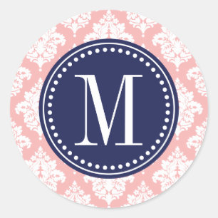 Elegant Blush Pink Damask Personalized Classic Round Sticker