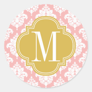 Elegant Blush Pink Damask Personalized Classic Round Sticker