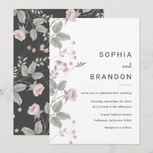 Elegant Blush Pink & Dark Grey Floral Wedding Invitation