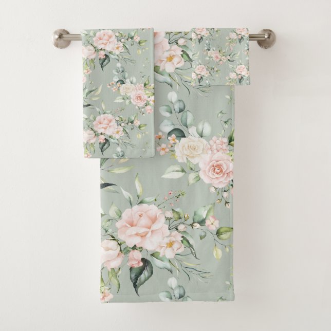 Elegant Blush Pink Eucalyptus Sage Green Bath Towel Set (Insitu)