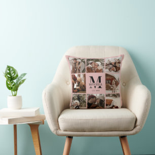Elegant Blush Pink Family Photo Collage   Monogram Throw Pillow