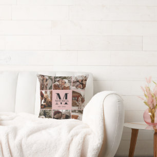 Elegant Blush Pink Family Photo Collage Monogram Throw Pillow