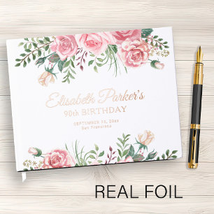 Elegant blush pink floral 90th birthday party guest book