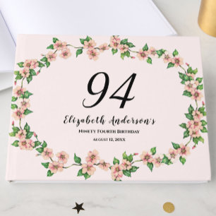 Elegant Blush Pink Floral 94th Birthday Guest Book