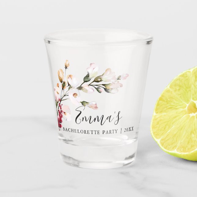 Elegant Blush Pink Floral Bachelorette Party Shot Glass (Front)