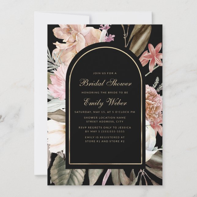 Elegant Blush Pink Floral Black Bridal Shower Invitation (Front)