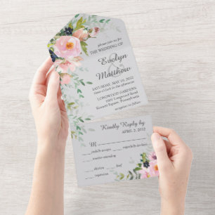 Elegant Blush Pink Floral Bouquet on Grey Wedding All In One Invitation