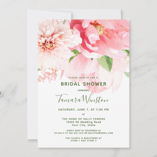 Elegant Blush Pink Floral Bridal Shower Invitation (Front)