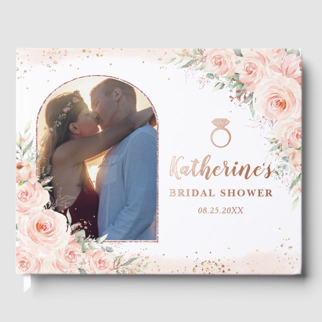 Elegant Blush Pink Floral Bridal Shower Photo Guest Book (Front)