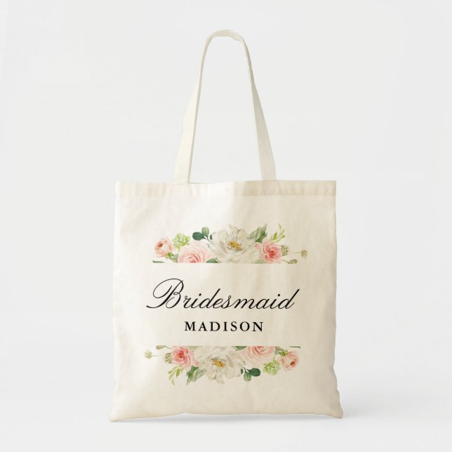Elegant blush pink floral bridesmaid tote bag (Front)