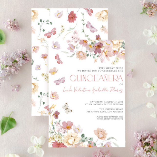 Elegant Blush Pink Floral Butterfly Quinceañera  Invitation (Creator Uploaded)