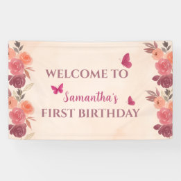 Elegant Blush Pink Floral Butterrfly 1st Birthday Banner