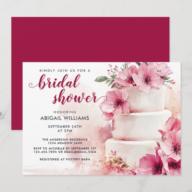 Elegant Blush Pink Floral Cake Bridal Shower  Invitation (Front/Back)