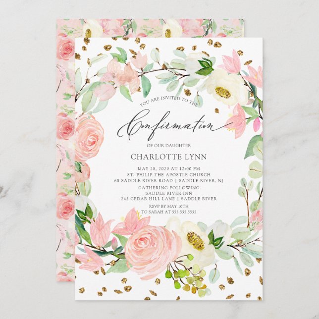 Elegant Blush Pink Floral Confirmation Invitation (Front/Back)