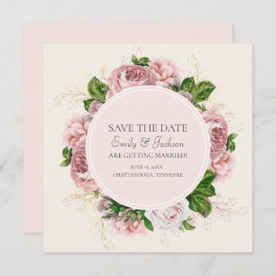 Elegant Blush Pink Floral Cream Wedding Save Date Invitation