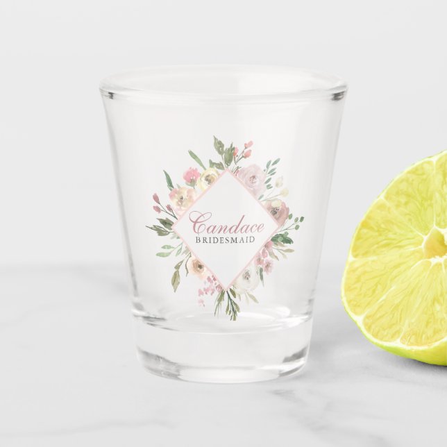 Elegant Blush Pink Floral Custom Bridal Party Shot Glass (Front)
