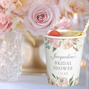 Elegant Blush Pink Floral Custom Bridal Shower Paper Cups