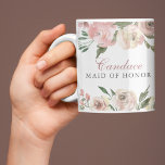 Elegant Blush Pink Floral Custom Maid of Honour Coffee Mug<br><div class="desc">Elegant blush pink and ivory watercolor peony flowers frame the top and bottom of this lovely spring wedding mug for your maid of honour. The sprigs of sage green leaves decorate in the midst of the peach floral peonies that surround your bridal party's personalized name in calligraphy.</div>