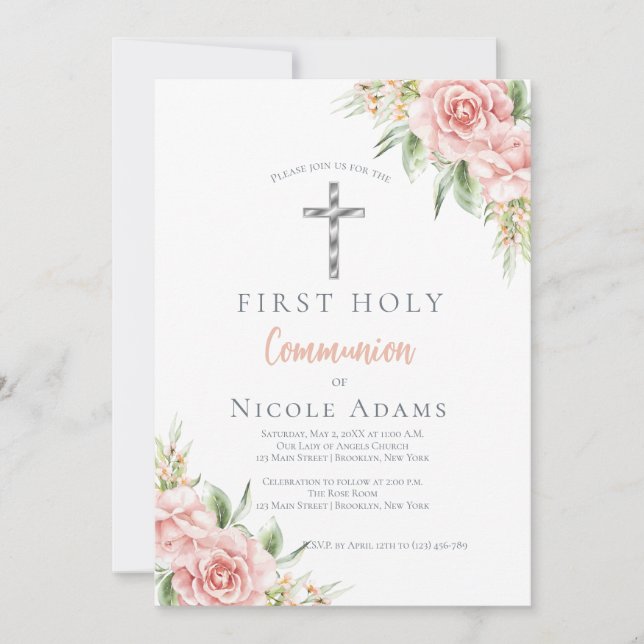 Elegant Blush Pink Floral First Holy Communion Invitation (Front)