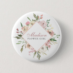 Elegant Blush Pink Floral Flower Girl Name Tag 2 Inch Round Button