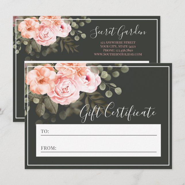 Elegant Blush Pink Floral Gift Certificate Card (Front/Back)