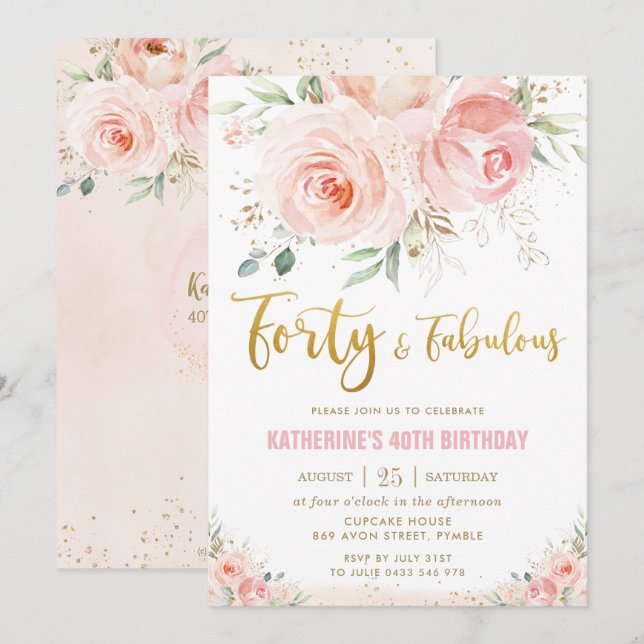 Elegant Blush Pink Floral Gold 40 and Fabulous Invitation (Front/Back)