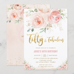 Elegant Blush Pink Floral Gold 50 and Fabulous Invitation