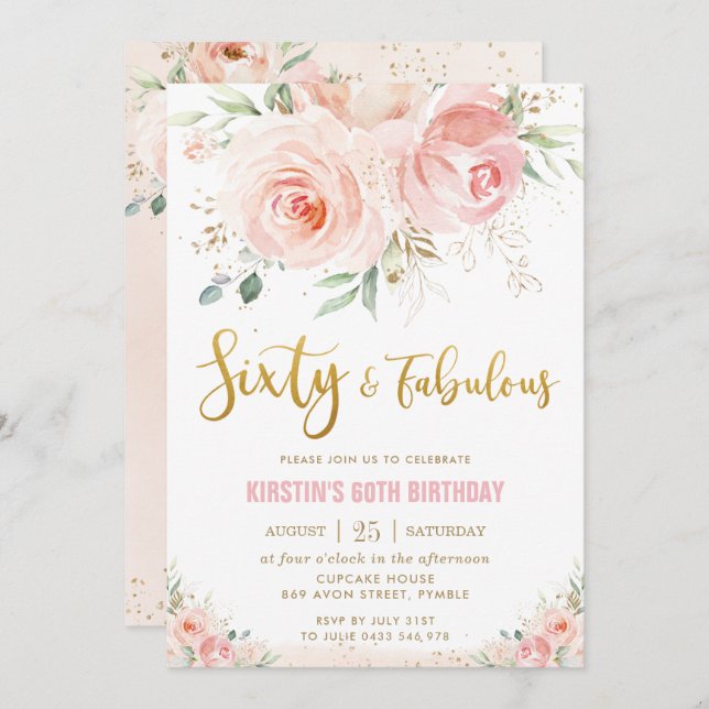 Elegant Blush Pink Floral Gold 60 and Fabulous Invitation (Front/Back)
