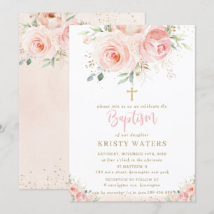 Elegant Blush Pink Floral Gold Baptism Invitation