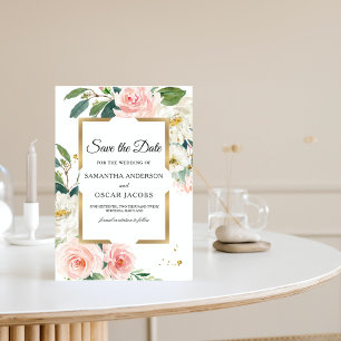 Elegant Blush Pink Floral Gold Frame & Drops Save The Date